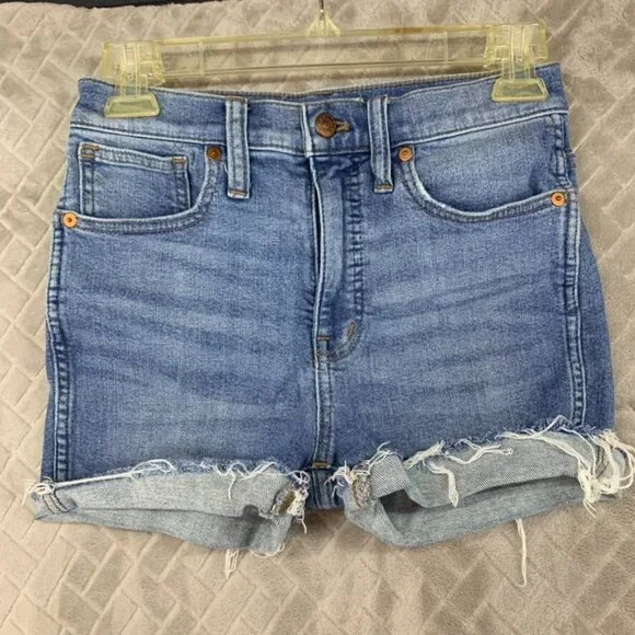 Madewell Womans 24 Denim Jean Shorts Blue Stovepipe Cuffed Fray Light Wash - Picture 1 of 14